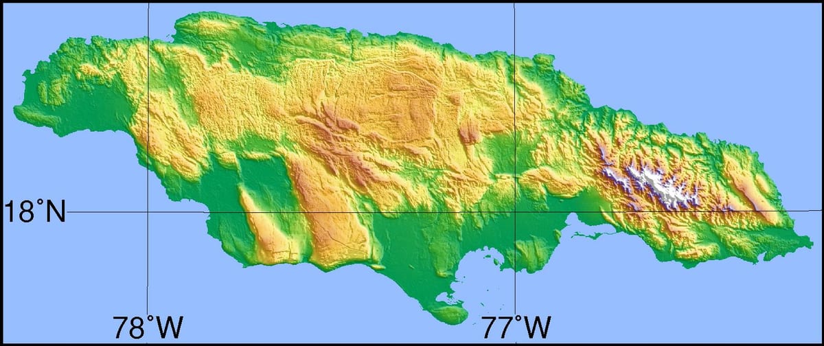 வரைபடம் ஜமைக்கா காட்டும் மலைகள், சமவெளிகள், பள்ளத்தாக்குகள்